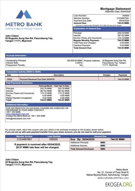 Modèle Word et PDF de relevé hypothécaire de la Myanmar Metro Bank